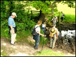 Waiting to cross the brook. Left to right Jez, Sandra and Bob .