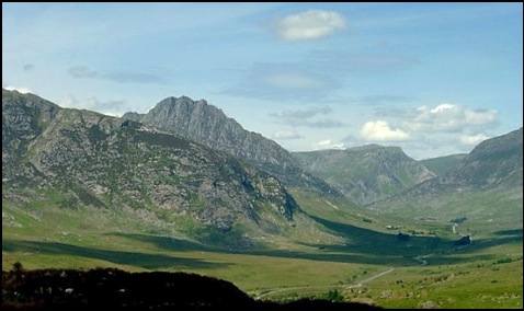 Tryfan, with Foel Goch beyond, as seen from the slopes of Crimpiau .