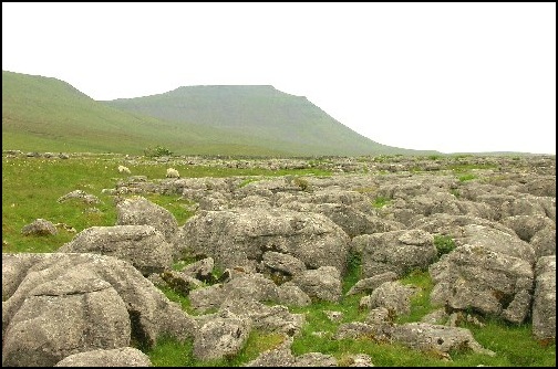 Limestone pavement and Ingleborough from near the Lower Sleights Road