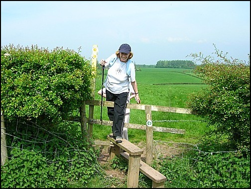 Annis, with big smile, crossing stile on the way to Rowington Church.